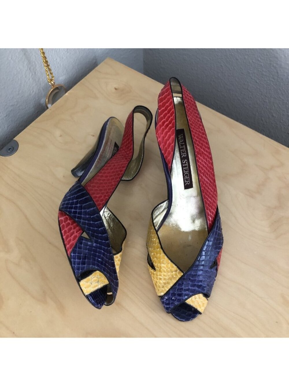 Walter Steiger Slingback Heels Women's 8.5  red  navy yellow Snakeskin Peep Toe